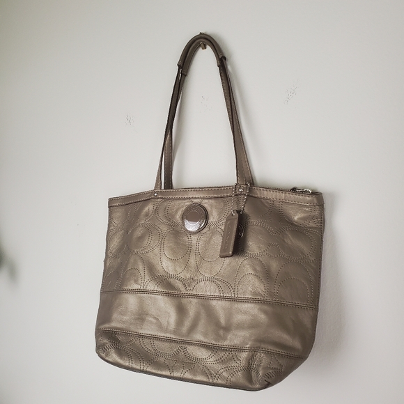 Coach Bronze C Signature Stitch Outline Leather Tote Shoulder Bag Purse - Picture 2 of 13
